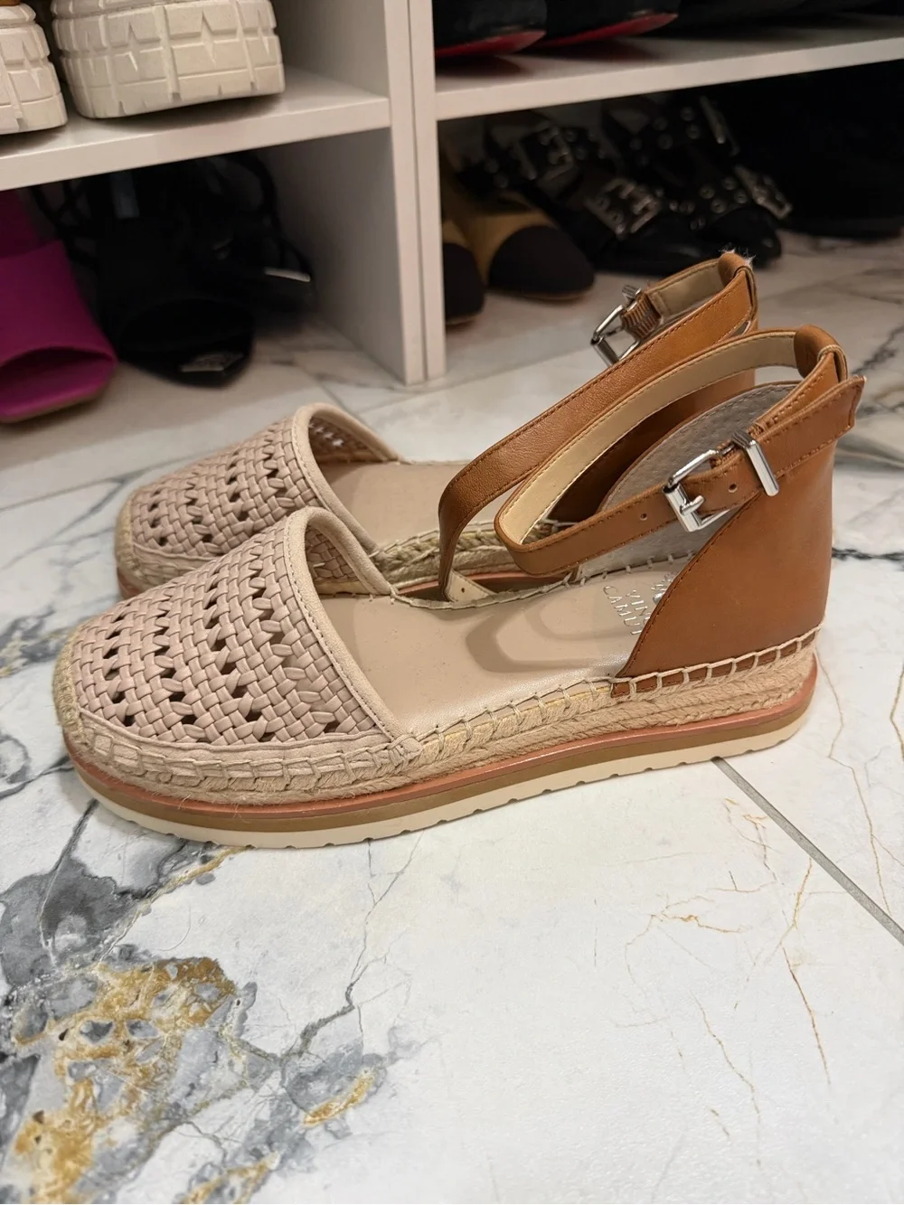 Vince Camuto Beige Woven Espadrille Wedge Sandals with Cognac Ankle Strap